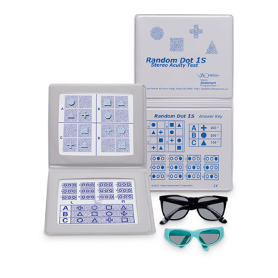 Stereotest Random Dot 1S mit geometrischen Figuren, Buchformat, inkl. 2 Polarisationsbrillen (Erwachsene, Kinder)
