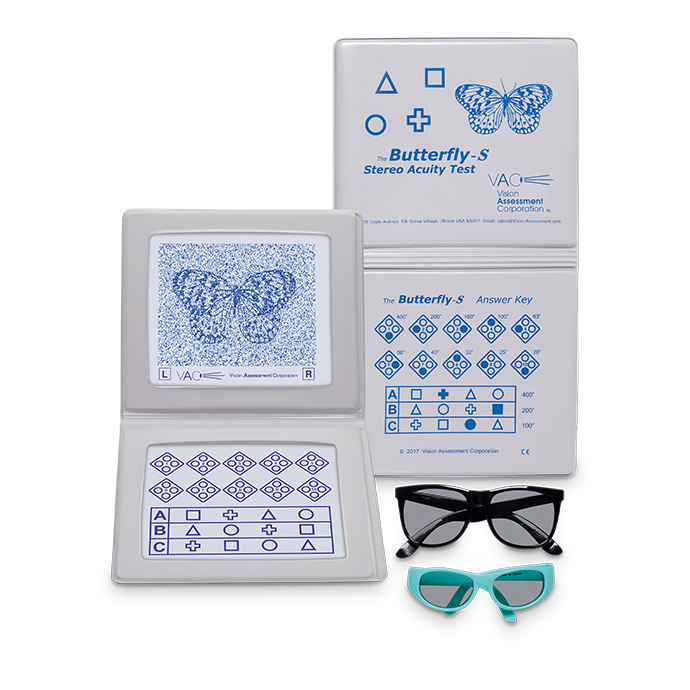 Stereotest Schmetterling-S (The Butterfly-S) mit geometrischen Figuren, Buchformat, inkl. 2 Polarisationsbrillen (Erwachsene, Kinder)