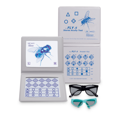 Stereotest Fliege-S (The Fly-S) mit geometrischen Figuren, Buchformat, inkl. 2 Polarisationsbrillen (Erwachsene, Kinder)