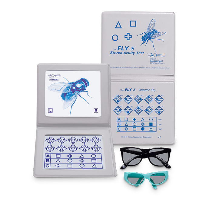 Stereotest Fliege-S (The Fly-S) mit geometrischen Figuren, Buchformat, inkl. 2 Polarisationsbrillen (Erwachsene, Kinder)