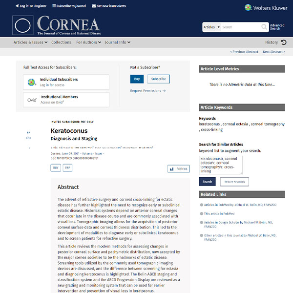 Keratoconus Diagnosis and Staging in Cornea, June 09, 2021 - Volume Publish Ahead of Print
