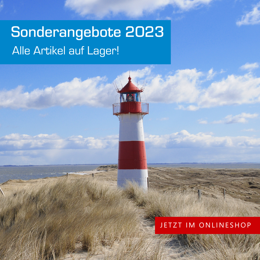 Leuchtturm und Dünen mit "Sondernagebote 2023" Schriftzug