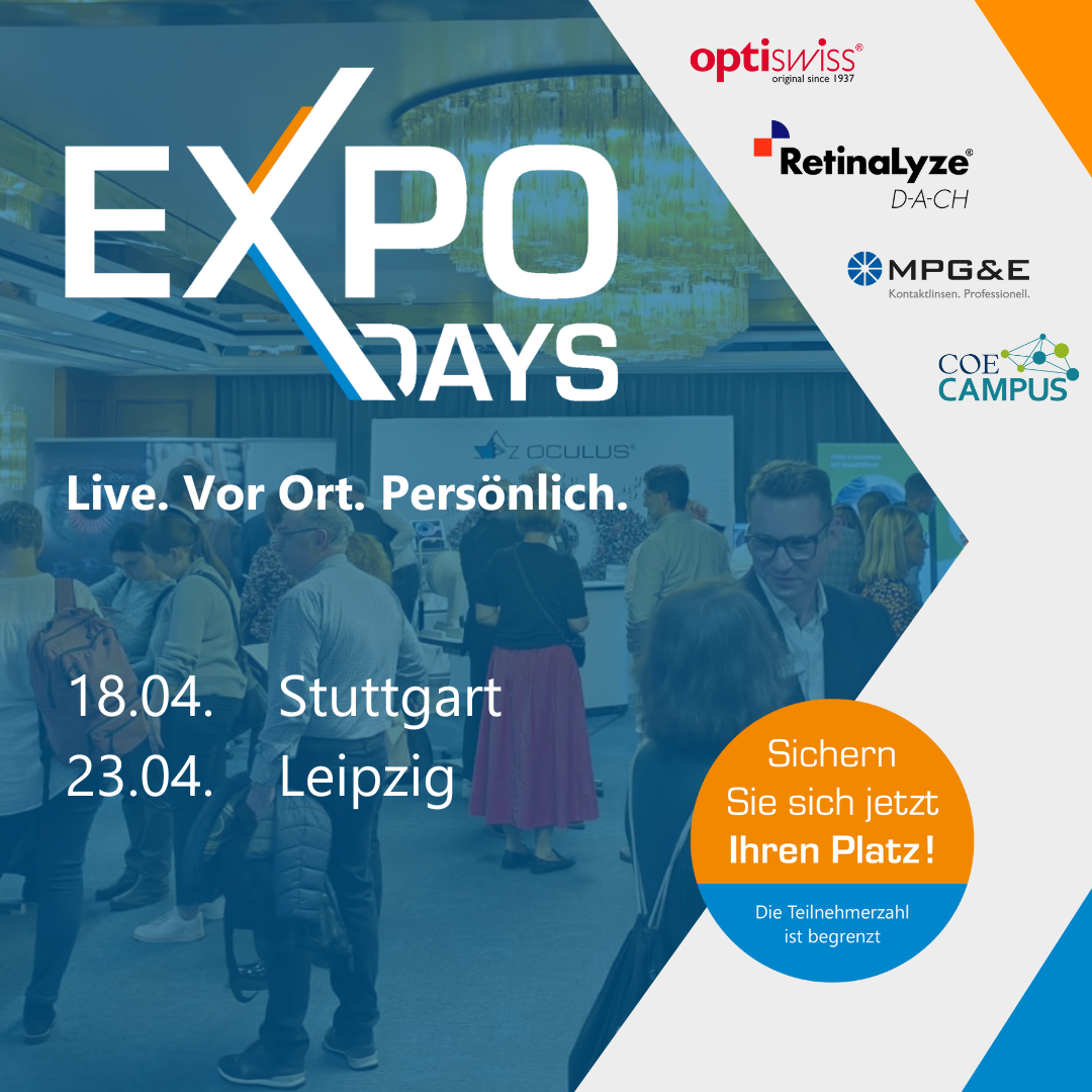 Grafik mit Logo von den Expo Days und netzwerkende Menschen im Hintergrund - 18.04 Stuttgart und 23.04 . 2024 Leipzig