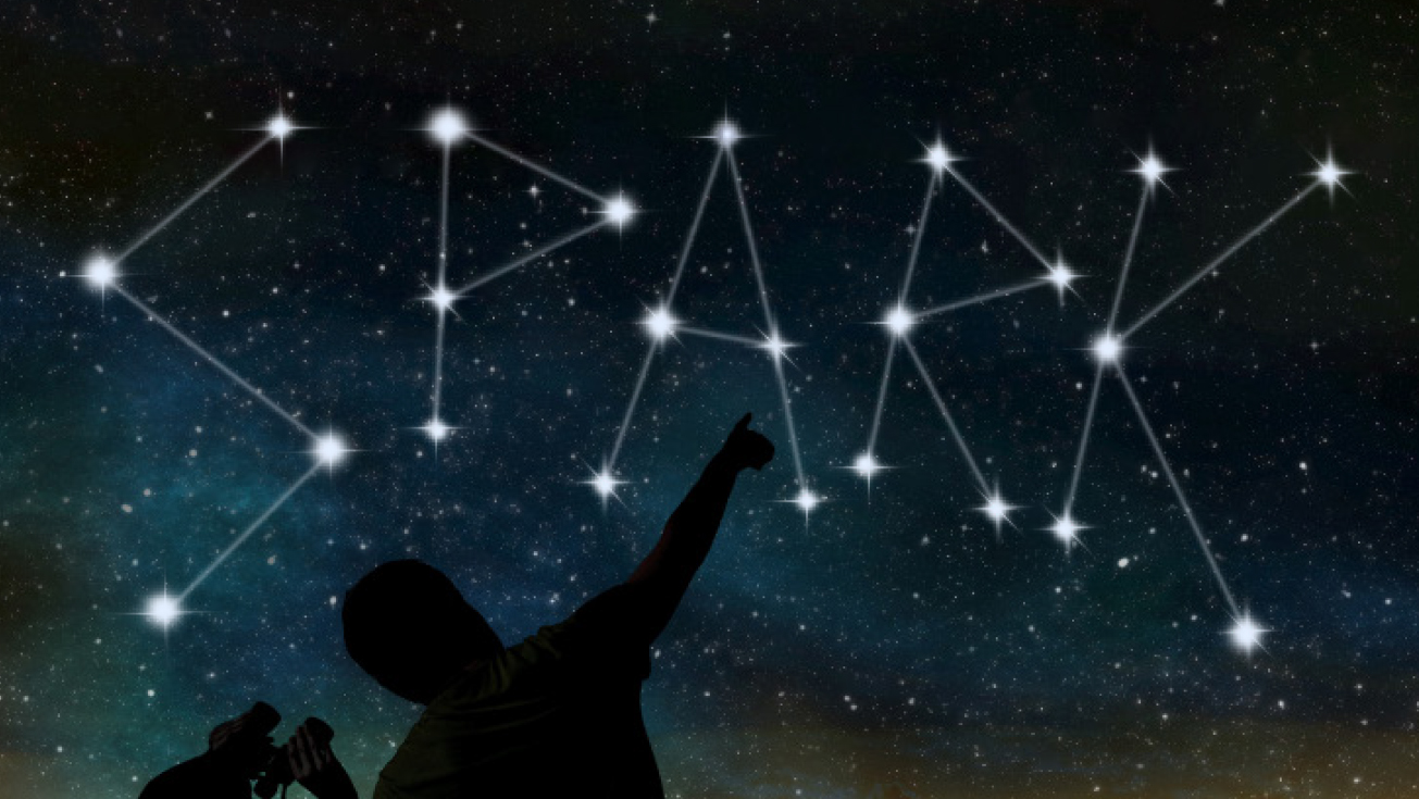 Sternenhimmel mit SPARK Schriftzug und schwarzer Umriss einer darauf zeigenden Person