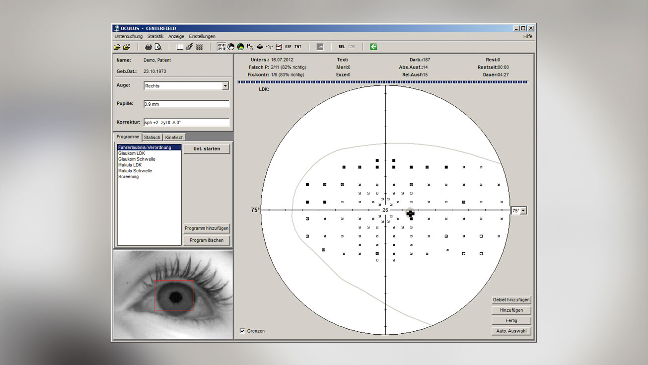 Screenshot der OCULUS Centerfield® 2 Software